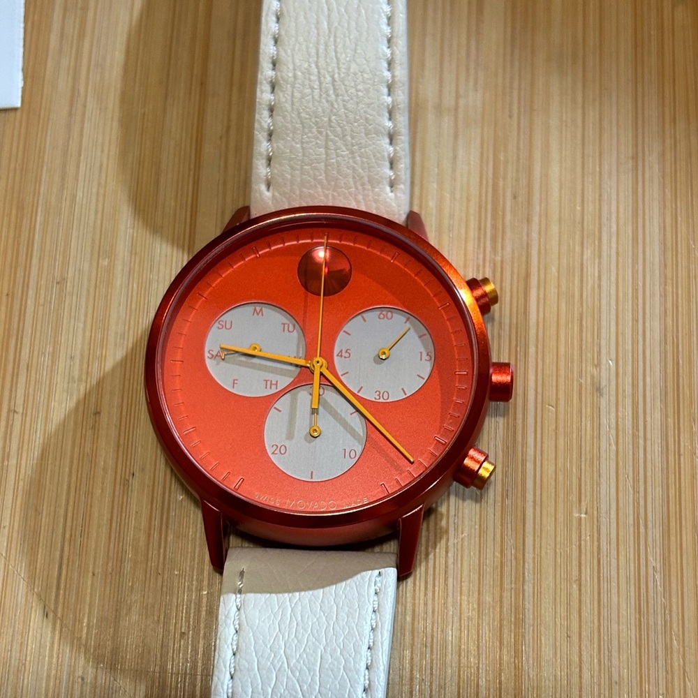 Movado FACE Watch With 43mm Orange Red Tone Chronograph Face &Cream Leather Band - Picture 3 of 9